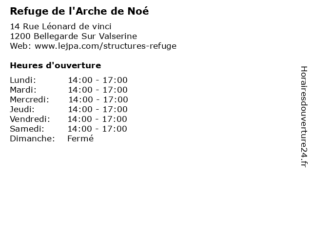 Horaires d ouverture Refuge de l Arche de No 14 Rue